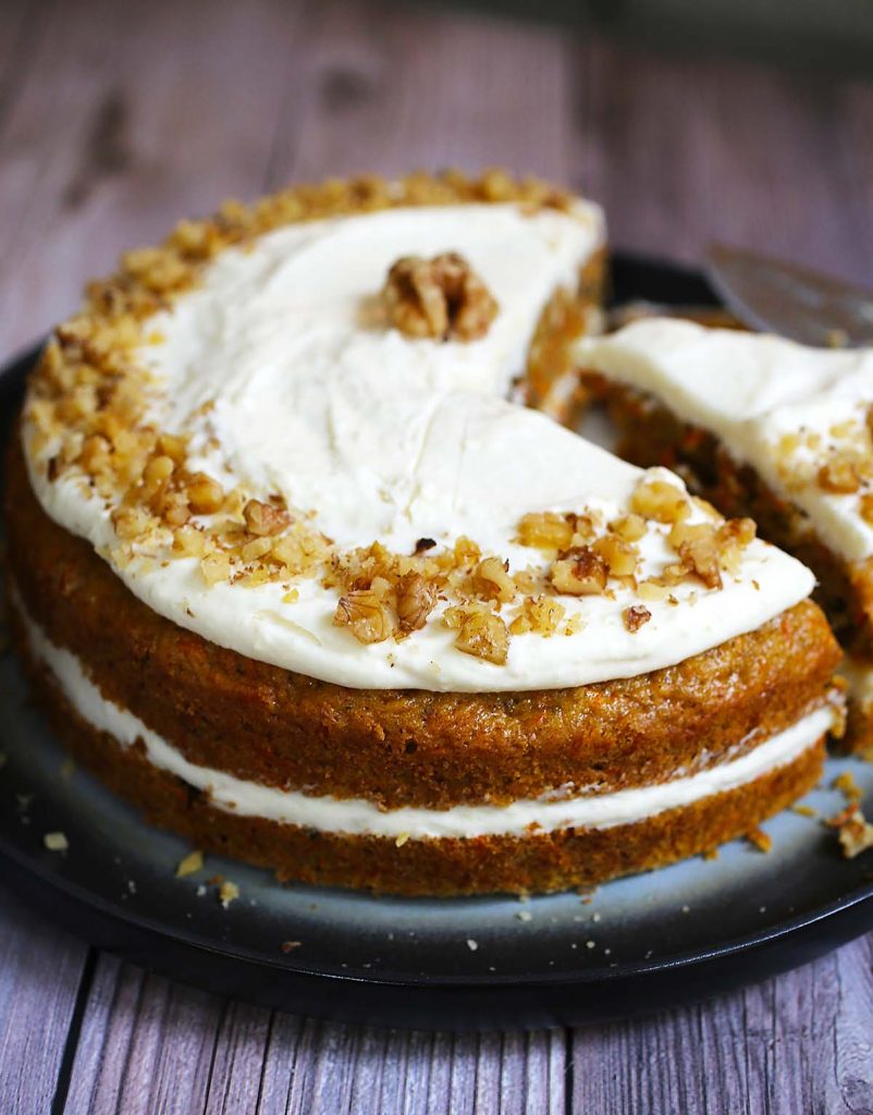 Carrot cake on a plate.