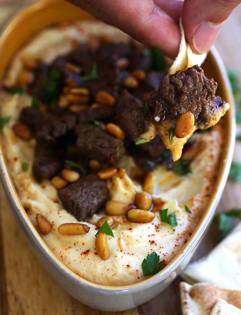 Hummus and beef in pita bread. 