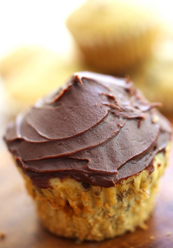 Banana chocolate chip muffin with chocolate frosting