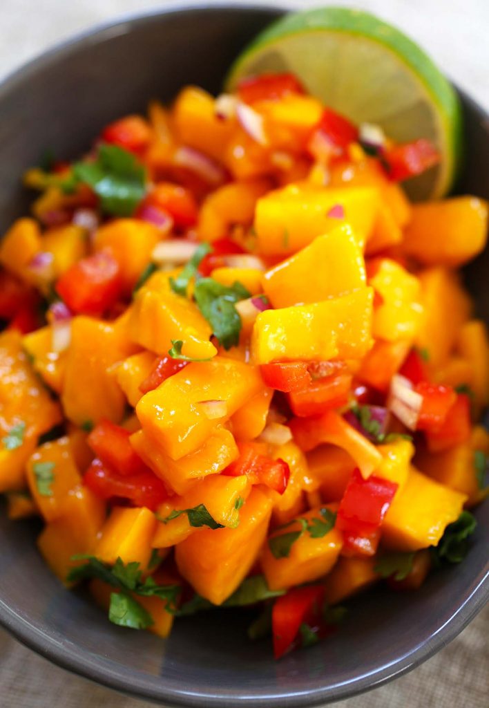 Mango salsa with red bell pepper.