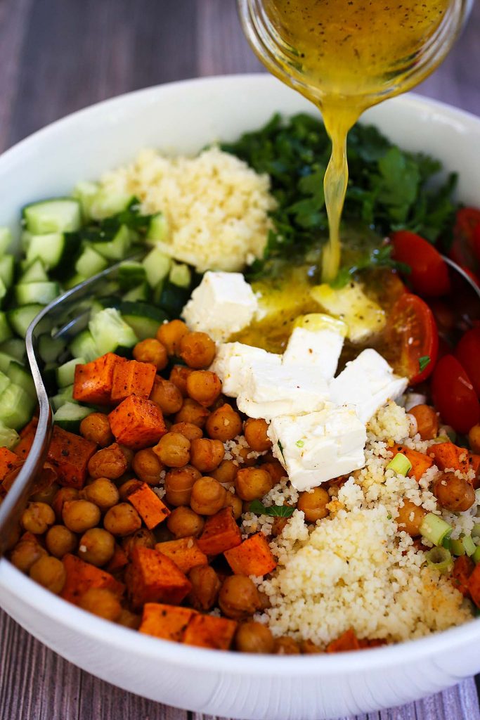 Couscous with sweet potatoes and feta cheese.