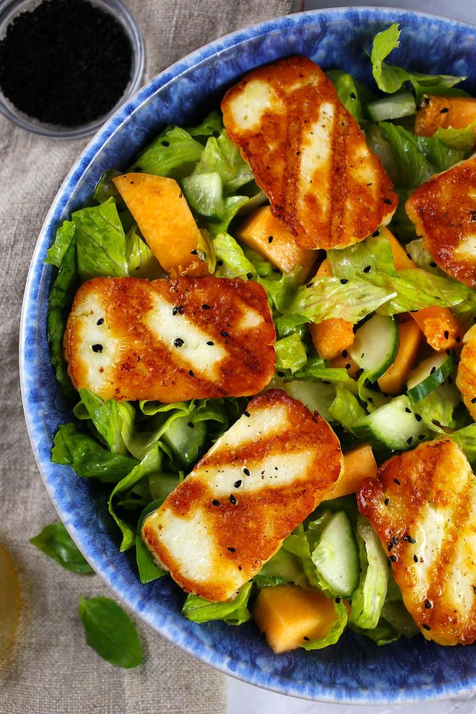 Grilled Halloumi with melon and poppy seed salad.
