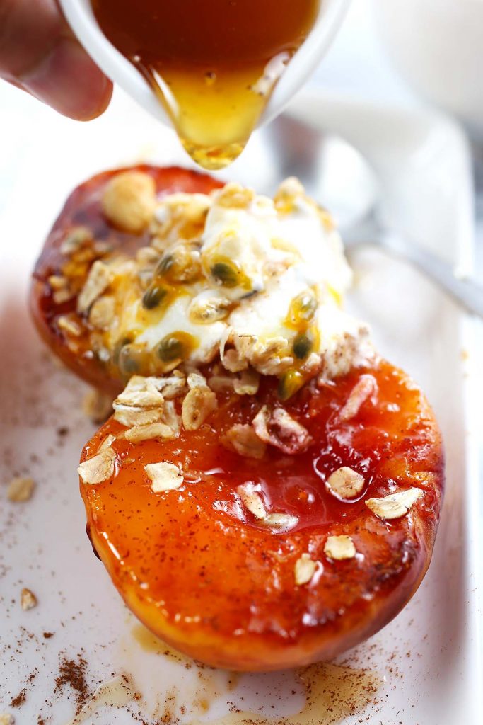 Grilled Peach with Passion Fruit and honey on top.