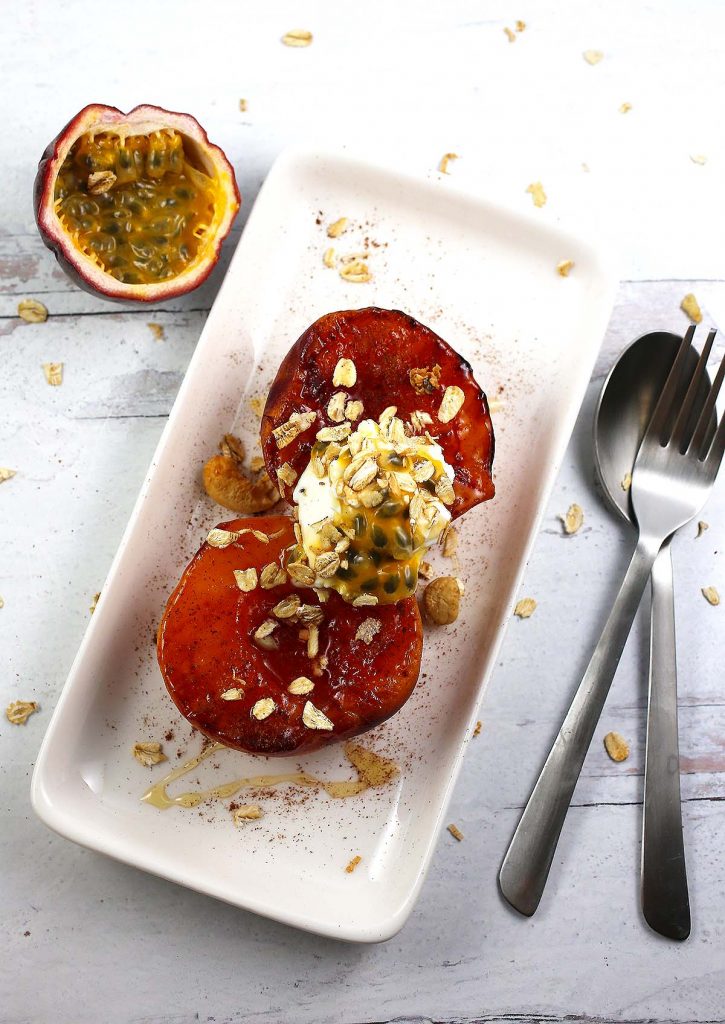 Grilled Peach with Passion Fruit, cashew-milk yogurt and honey.