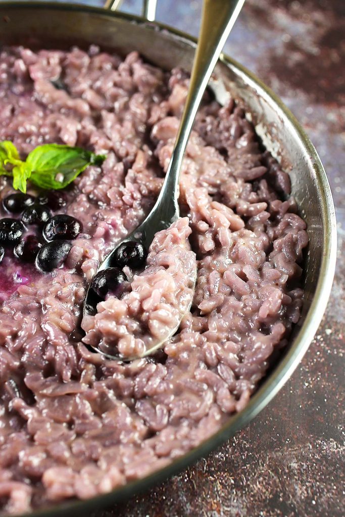 Blueberry Mascarpone Risotto in pan.