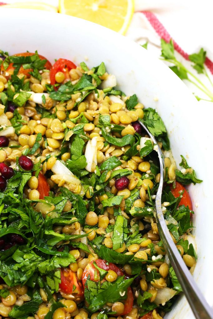Vegan lentil salad in bowl.