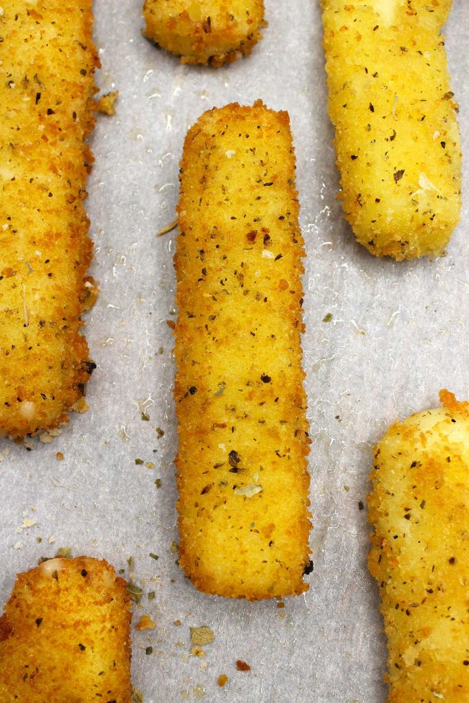 Fried mozzarella cheese sticks.