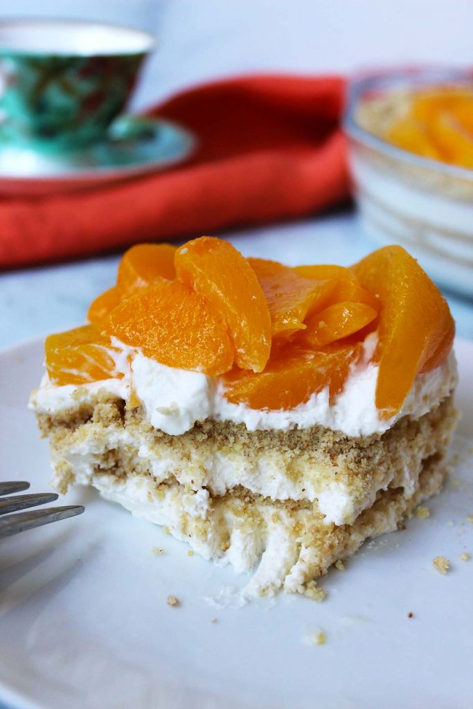 Peach cake on plate.