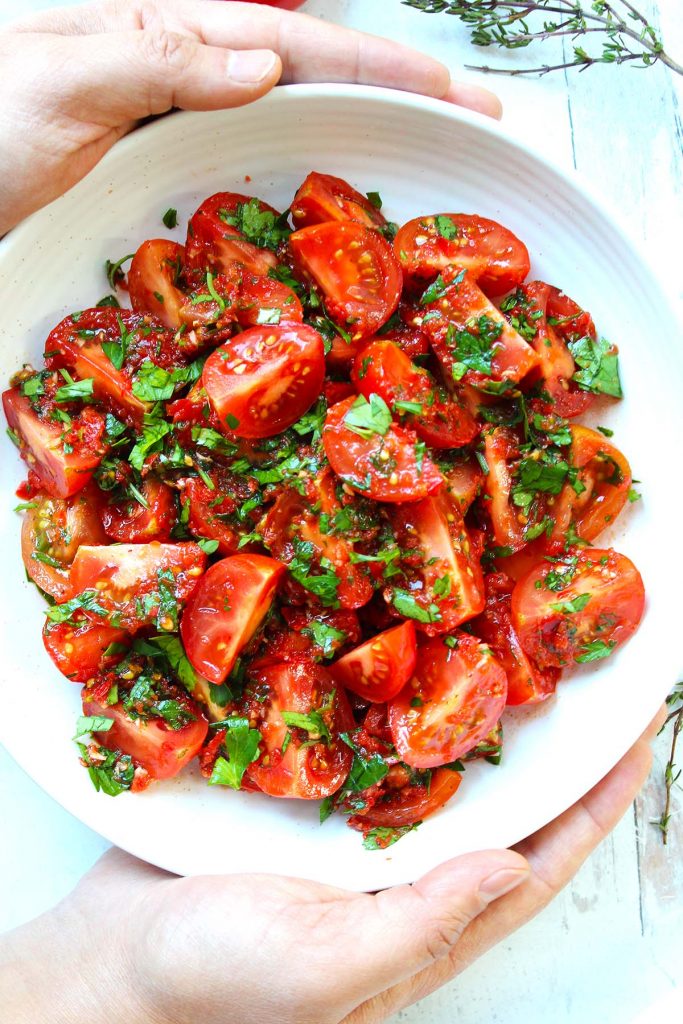 Tomato salad on a plate.