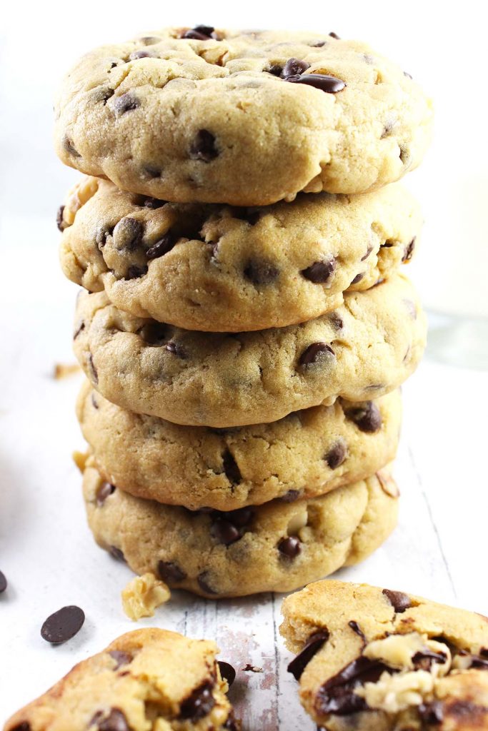 Cookies stack with chocolate chips.